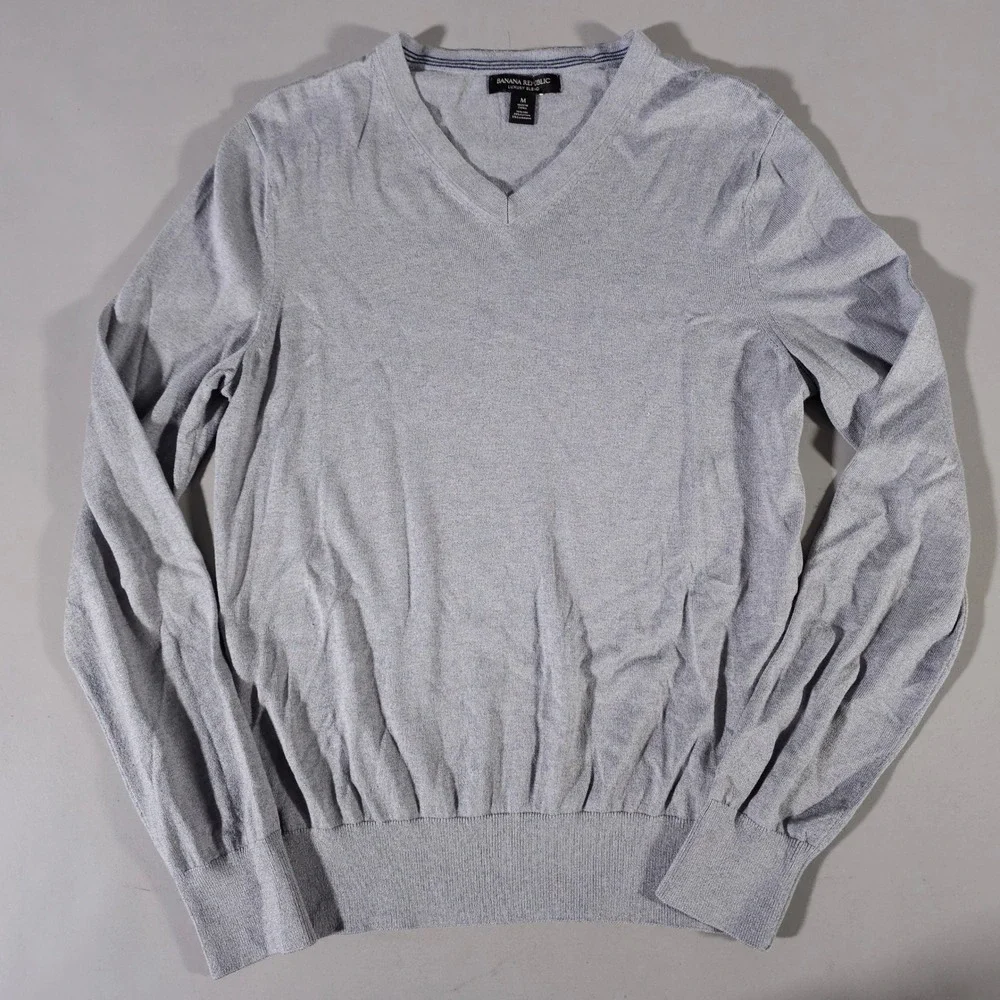 Banana Republic Sweater Mens M Gray Silk Cotton Cashmere Luxury Blend V-Neck
